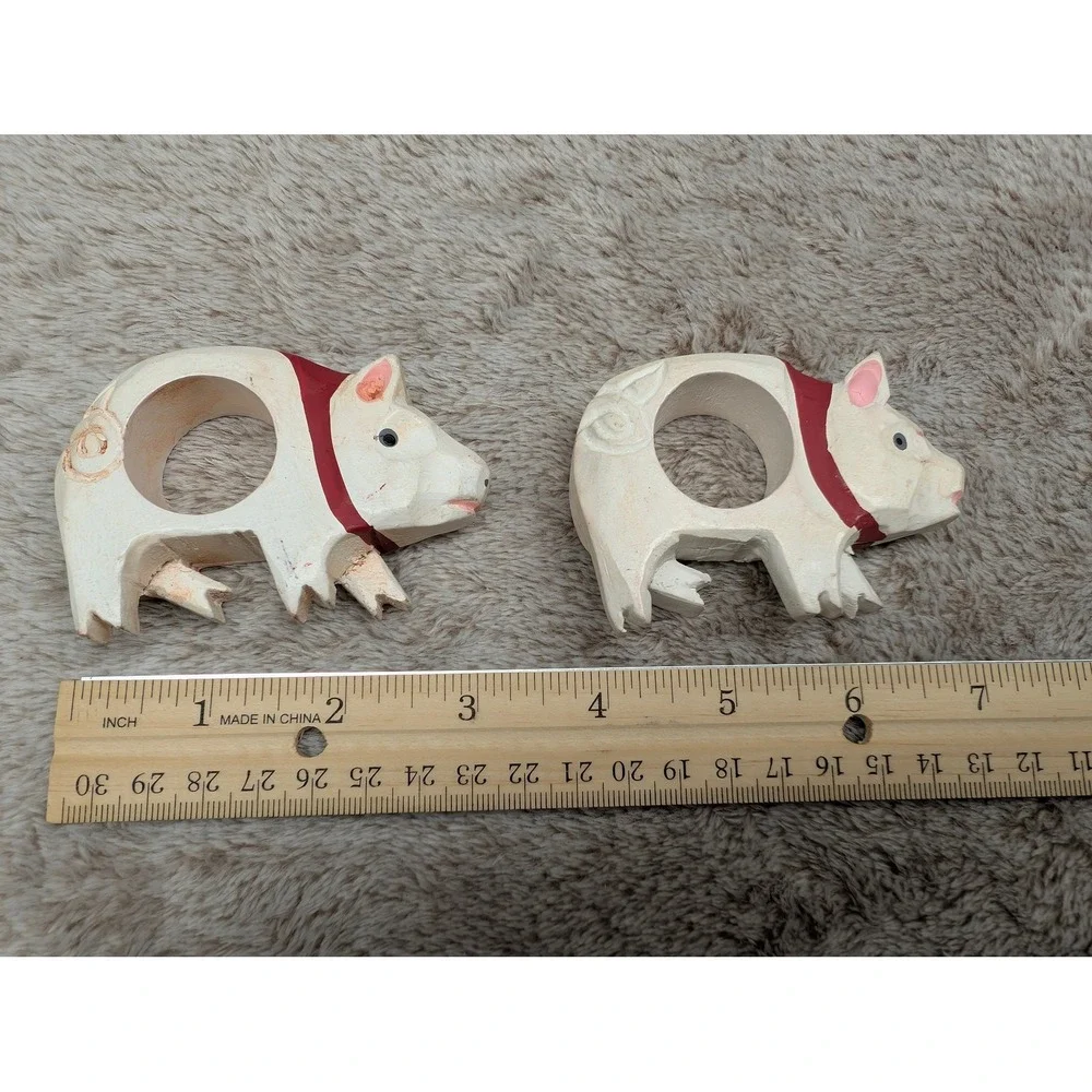 Hand Carved Painted Wooden Pig Napkin Rings Pair Philippines Folk Art White Red